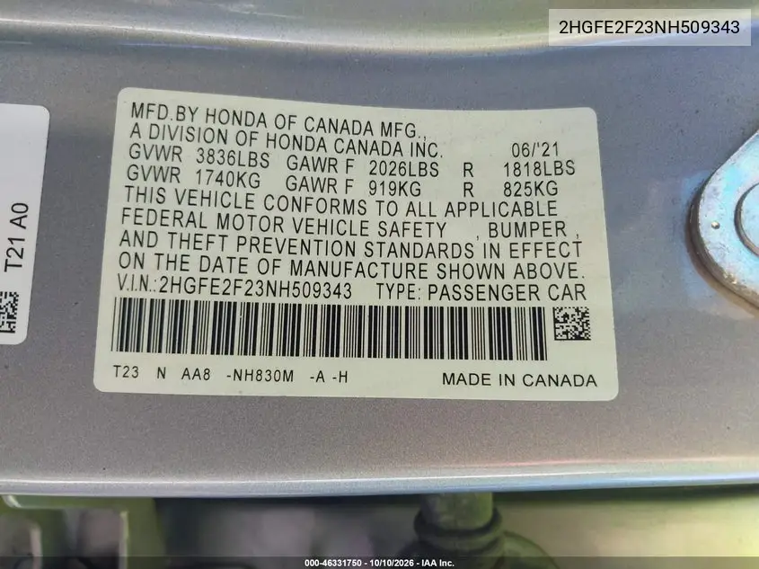 2022 HONDA CIVIC VIN 2HGFE2F23NH509343 — фото 9