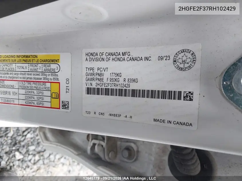 2024 HONDA CIVIC VIN 2HGFE2F37RH102429 — фото 23