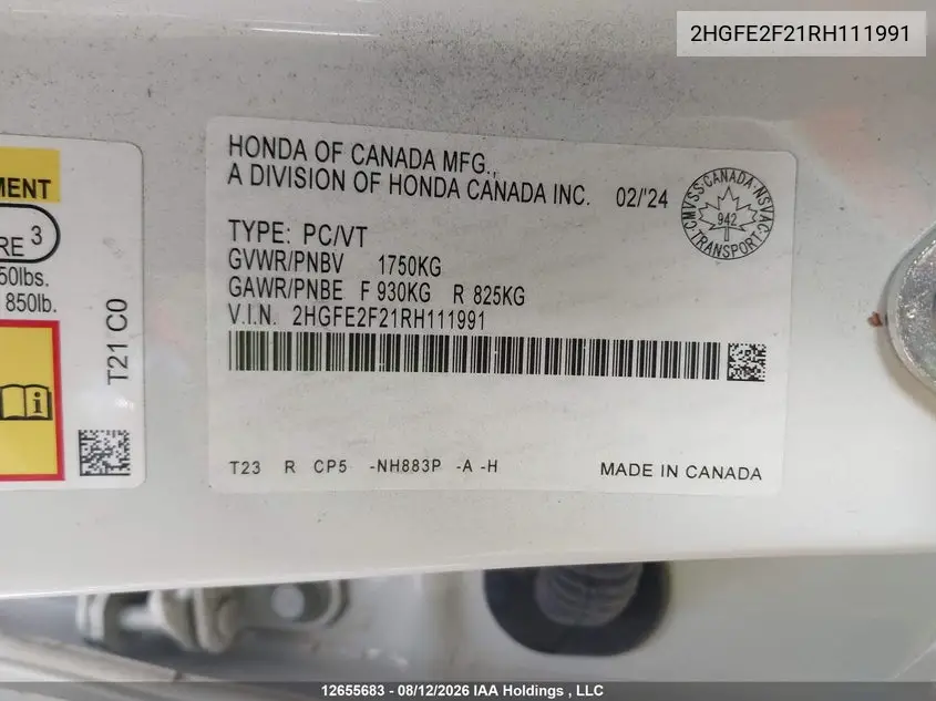 2024 HONDA CIVIC VIN 2HGFE2F21RH111991 — фото 19