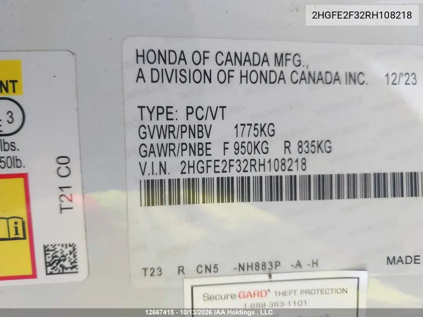 2024 HONDA CIVIC VIN 2HGFE2F32RH108218 — фото 22