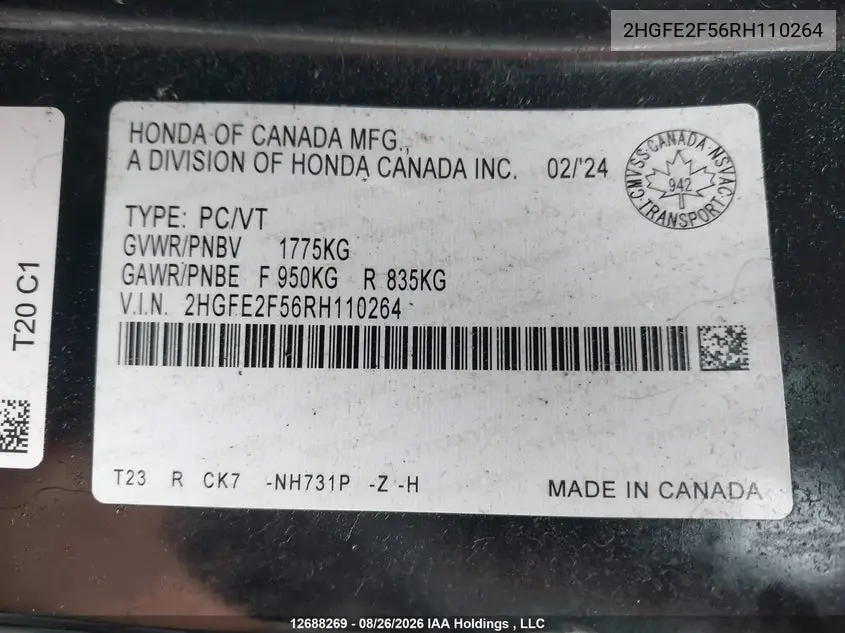 2024 HONDA CIVIC VIN 2HGFE2F56RH110264 — фото 9