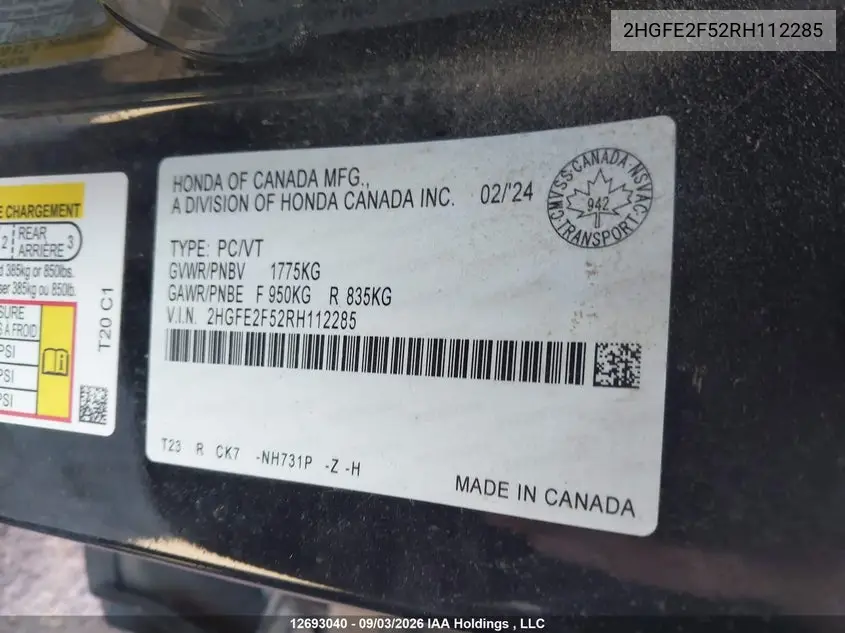 2024 HONDA CIVIC VIN 2HGFE2F52RH112285 — фото 9