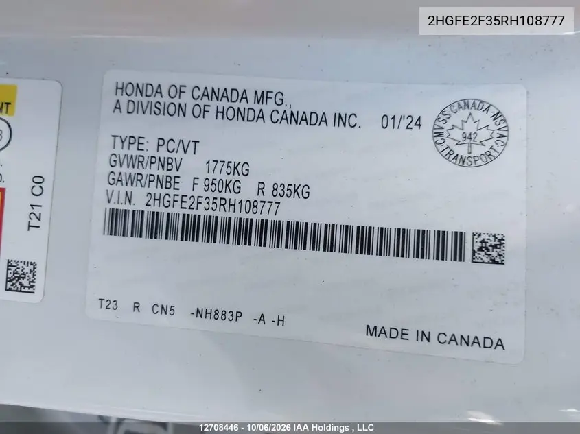 2024 HONDA CIVIC VIN 2HGFE2F35RH108777 — фото 9
