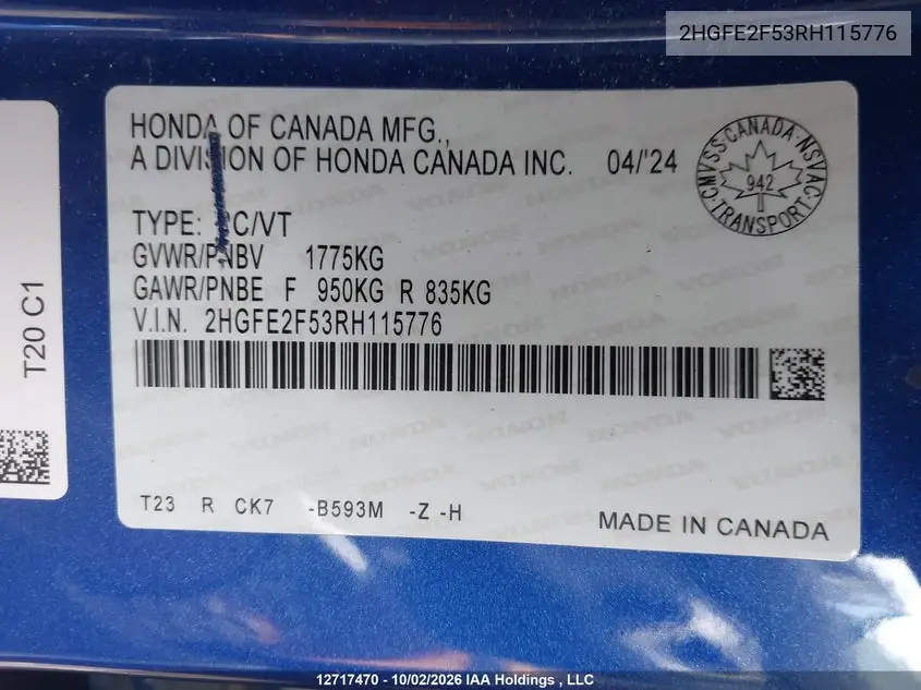 2024 HONDA CIVIC VIN 2HGFE2F53RH115776 — фото 9