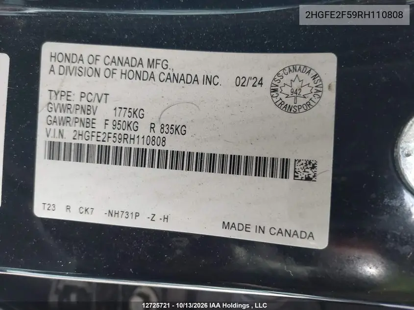 2024 HONDA CIVIC VIN 2HGFE2F59RH110808 — фото 9