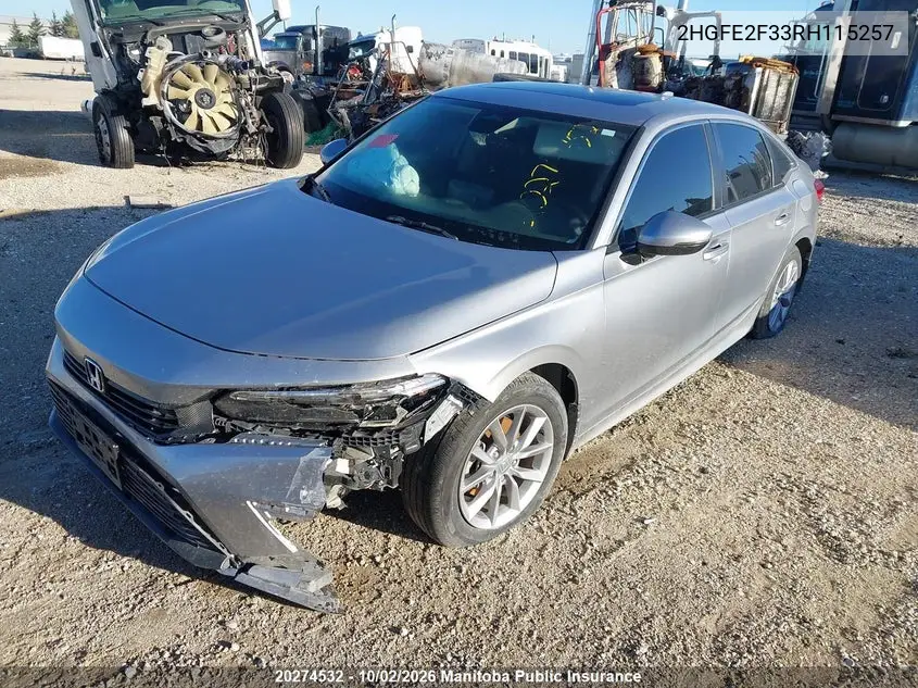 2024 HONDA CIVIC VIN 2HGFE2F33RH115257 — фото 2