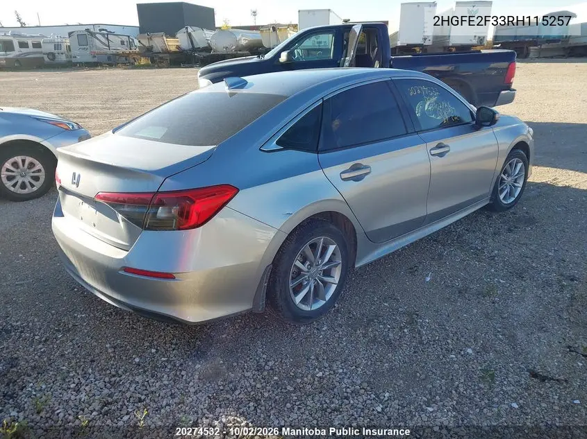 2024 HONDA CIVIC VIN 2HGFE2F33RH115257 — фото 4