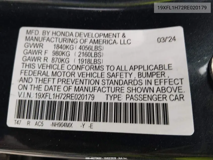 2024 HONDA CIVIC VIN 19XFL1H72RE020179 — фото 9