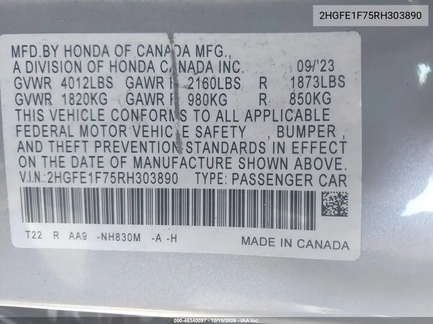 2024 HONDA CIVIC VIN 2HGFE1F75RH303890 — фото 9