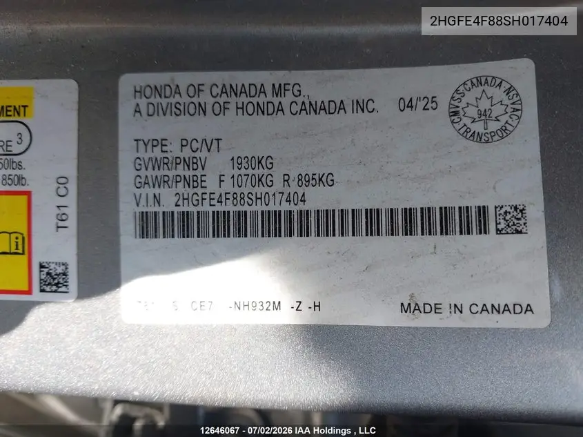 2025 HONDA CIVIC VIN 2HGFE4F88SH017404 — фото 9