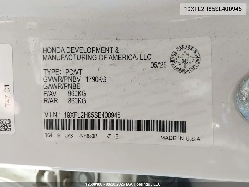 2025 HONDA CIVIC VIN 19XFL2H85SE400945 — фото 9