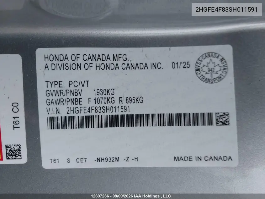 2025 HONDA CIVIC VIN 2HGFE4F83SH011591 — фото 9