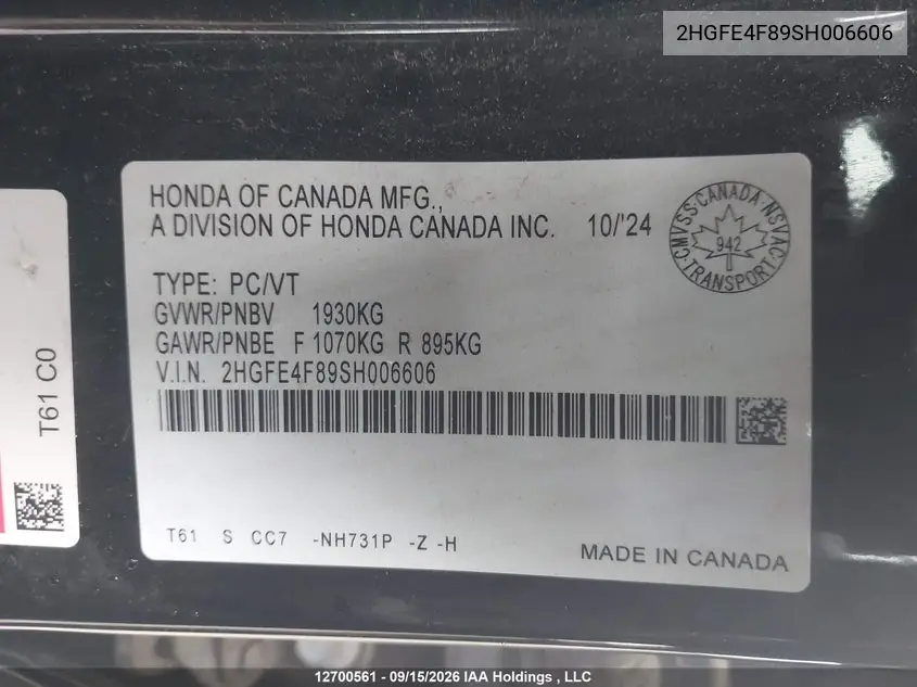 2025 HONDA CIVIC VIN 2HGFE4F89SH006606 — фото 20