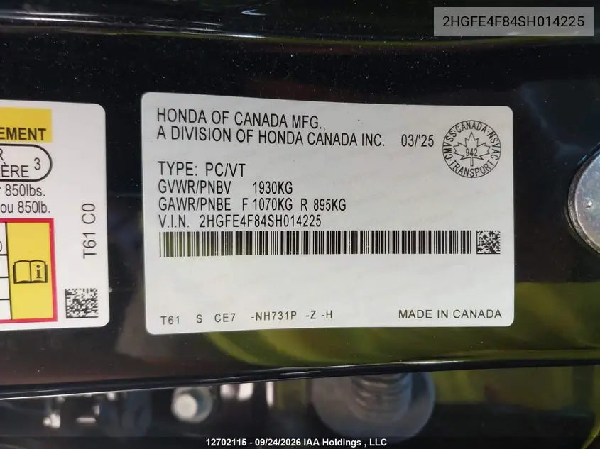 2025 HONDA CIVIC VIN 2HGFE4F84SH014225 — фото 20