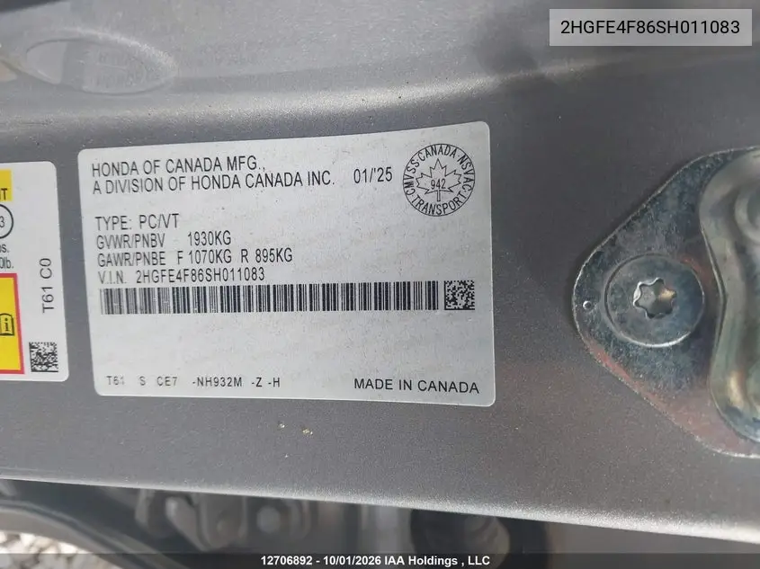 2025 HONDA CIVIC VIN 2HGFE4F86SH011083 — фото 9