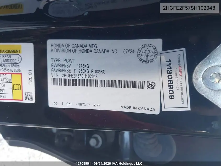2025 HONDA CIVIC VIN 2HGFE2F57SH102048 — фото 9