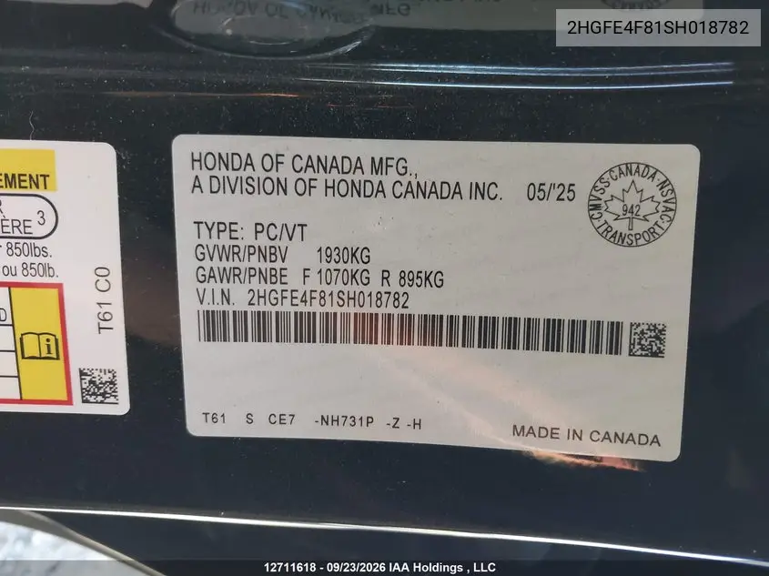 2025 HONDA CIVIC VIN 2HGFE4F81SH018782 — фото 9