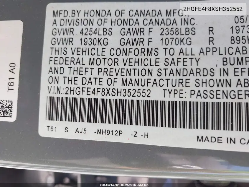 2025 HONDA CIVIC VIN 2HGFE4F8XSH352552 — фото 9