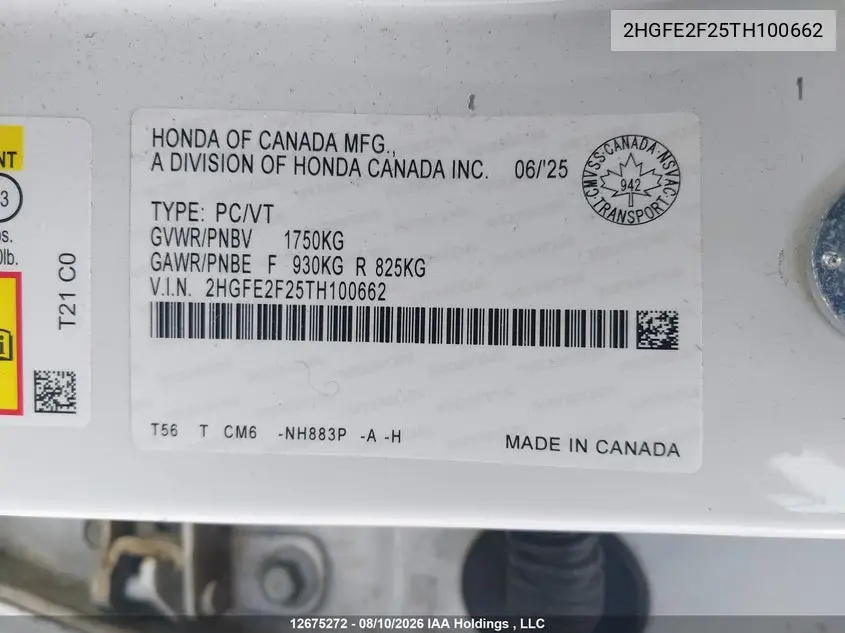 2026 HONDA CIVIC VIN 2HGFE2F25TH100662 — фото 19