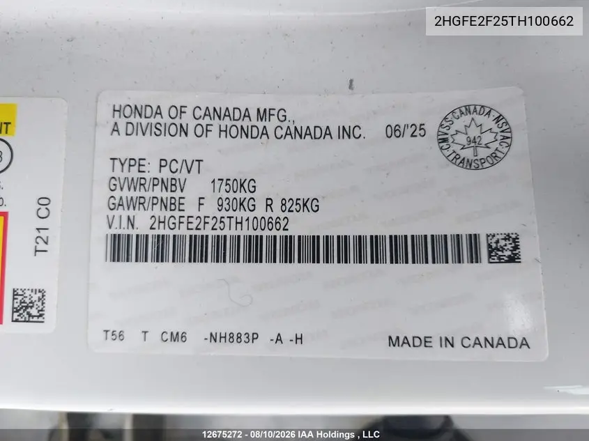 2026 HONDA CIVIC VIN 2HGFE2F25TH100662 — фото 9