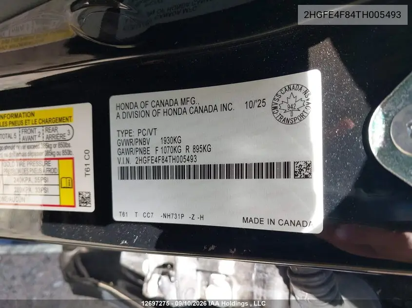 2026 HONDA CIVIC VIN 2HGFE4F84TH005493 — фото 19
