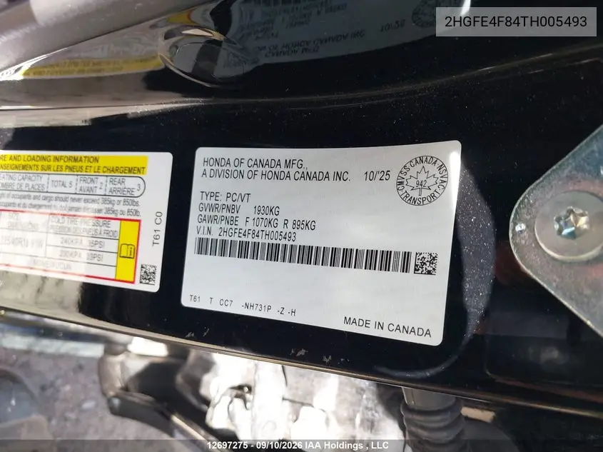 2026 HONDA CIVIC VIN 2HGFE4F84TH005493 — фото 9