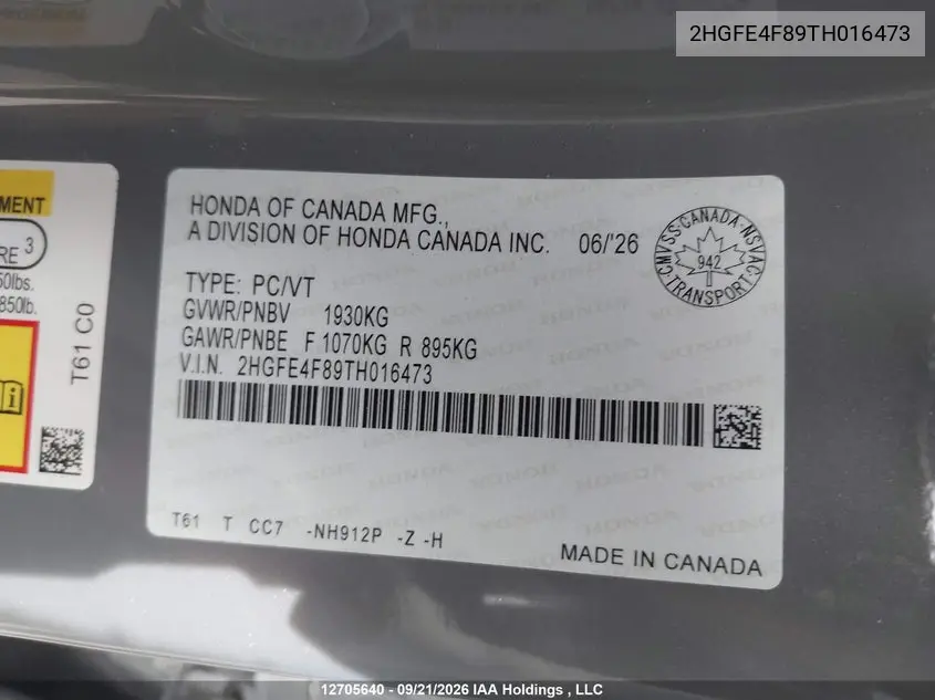 2026 HONDA CIVIC VIN 2HGFE4F89TH016473 — фото 19