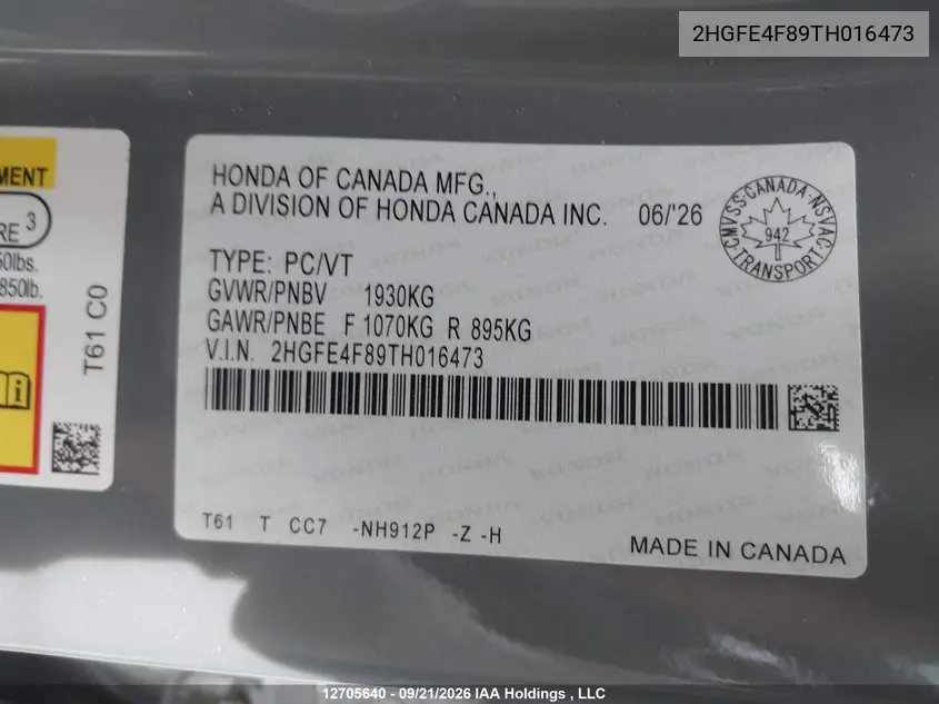 2026 HONDA CIVIC VIN 2HGFE4F89TH016473 — фото 9