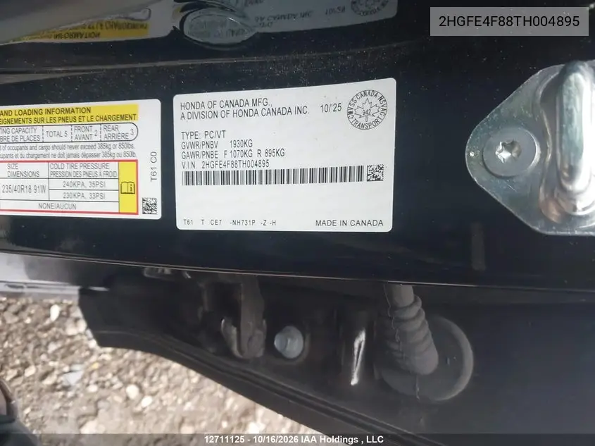 2026 HONDA CIVIC VIN 2HGFE4F88TH004895 — фото 9