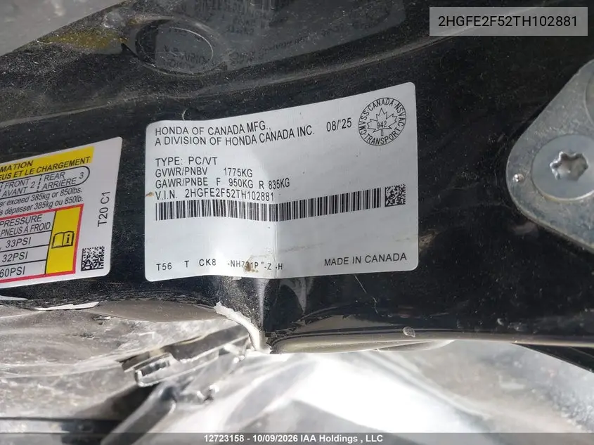 2026 HONDA CIVIC VIN 2HGFE2F52TH102881 — фото 18
