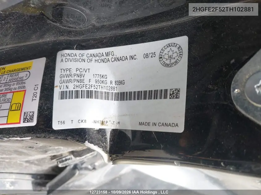 2026 HONDA CIVIC VIN 2HGFE2F52TH102881 — фото 9