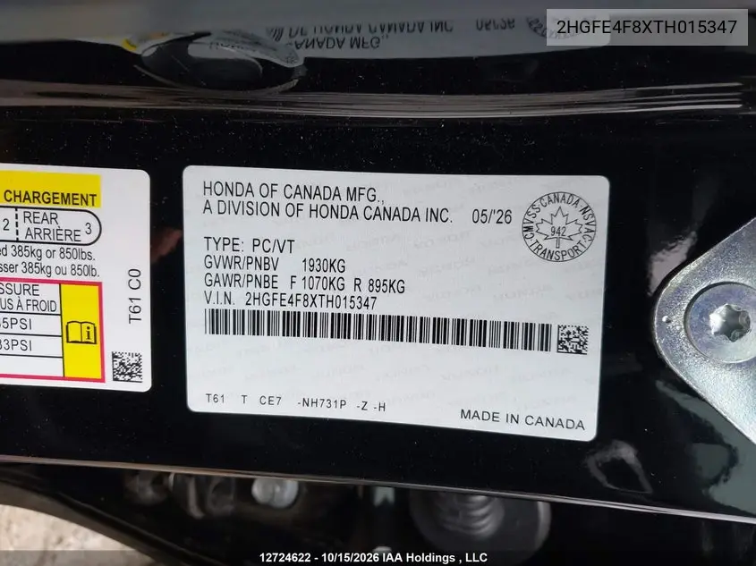 2026 HONDA CIVIC VIN 2HGFE4F8XTH015347 — фото 9