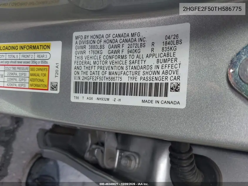 2026 HONDA CIVIC VIN 2HGFE2F50TH586775 — фото 9