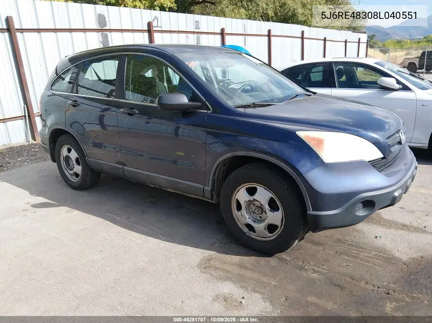 HONDA CR-V 2008, VIN 5J6RE48308L040551