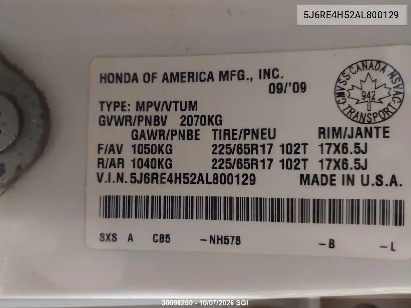 2010 HONDA CR-V VIN 5J6RE4H52AL800129 — фото 9