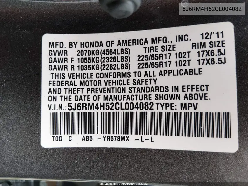 2012 HONDA CR-V VIN 5J6RM4H52CL004082 — фото 9