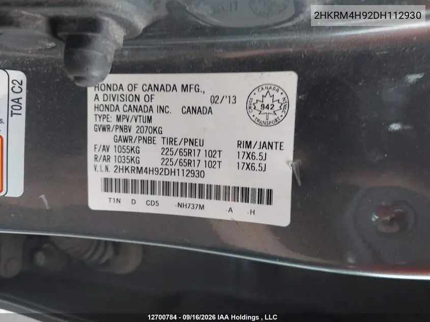 2013 HONDA CR-V VIN 2HKRM4H92DH112930 — фото 9
