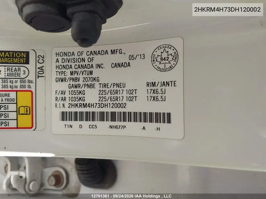2013 HONDA CR-V VIN 2HKRM4H73DH120002 — фото 9