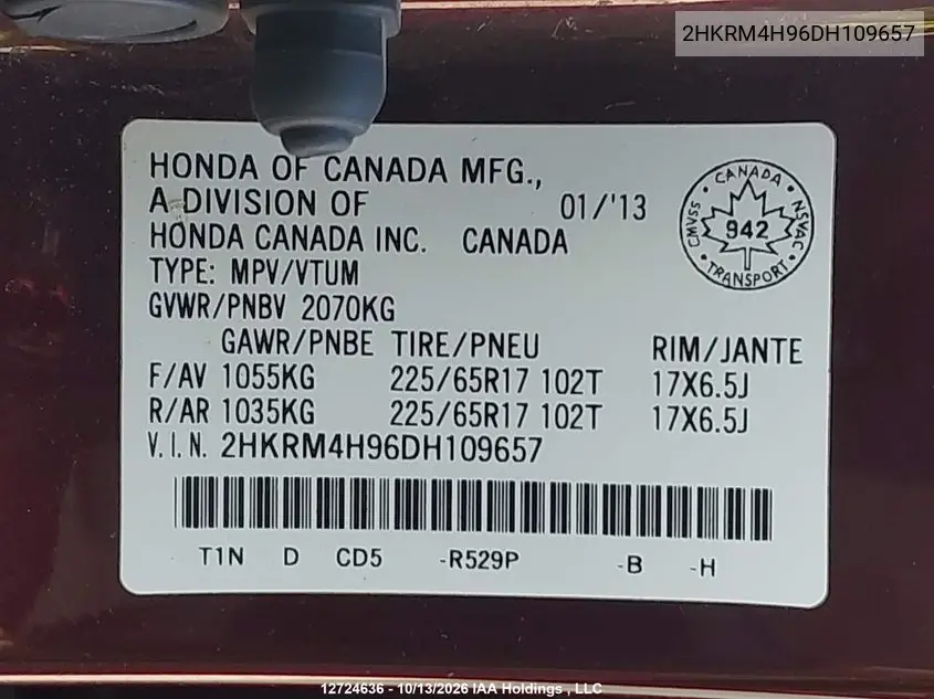 2013 HONDA CR-V VIN 2HKRM4H96DH109657 — фото 9