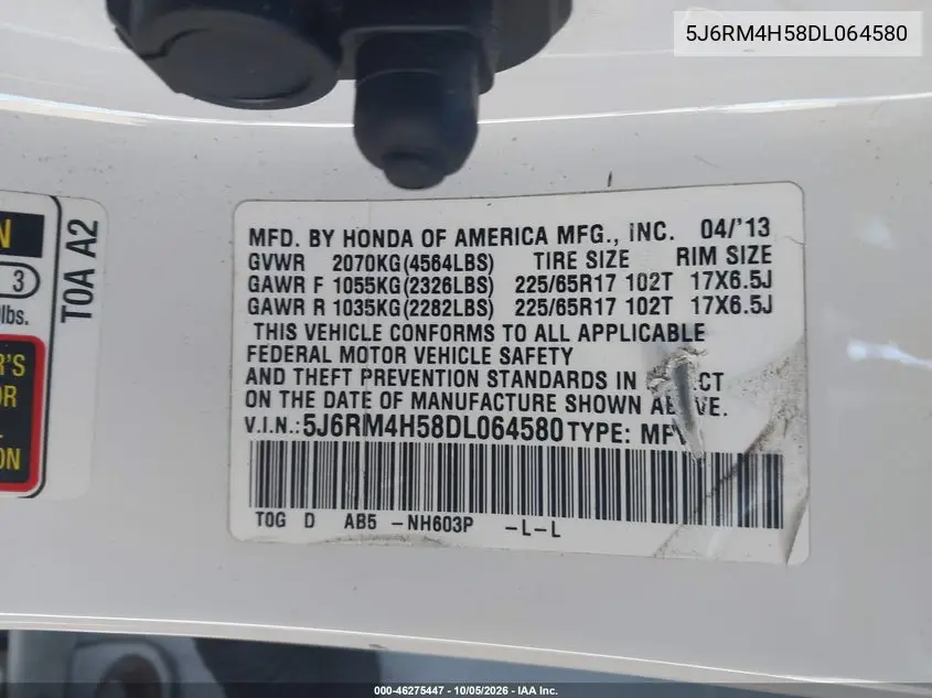 2013 HONDA CR-V VIN 5J6RM4H58DL064580 — фото 9