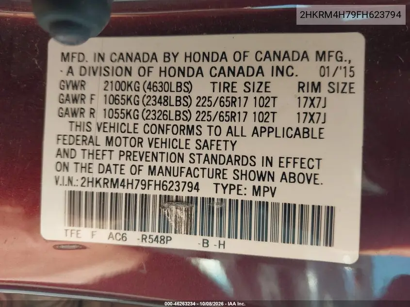 2015 HONDA CR-V VIN 2HKRM4H79FH623794 — фото 9