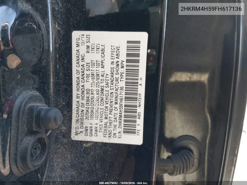 2015 HONDA CR-V VIN 2HKRM4H59FH617136 — фото 9