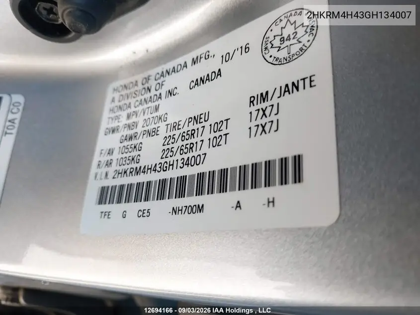 2016 HONDA CR-V VIN 2HKRM4H43GH134007 — фото 20