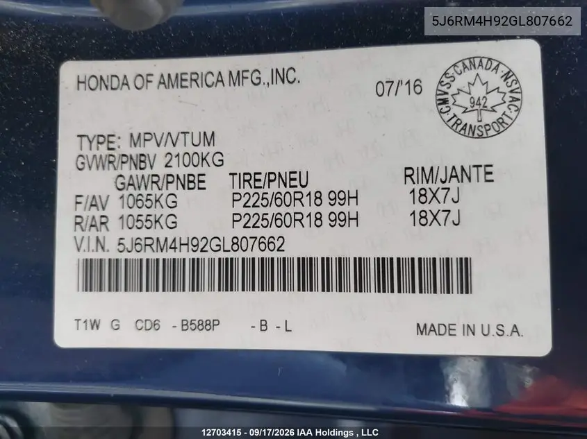 2016 HONDA CR-V VIN 5J6RM4H92GL807662 — фото 18