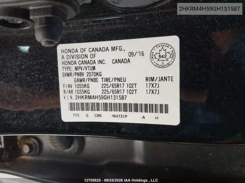 2016 HONDA CR-V VIN 2HKRM4H59GH131587 — фото 9