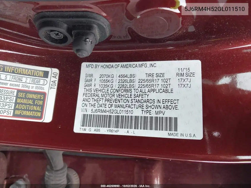 2016 HONDA CR-V VIN 5J6RM4H52GL011510 — фото 9