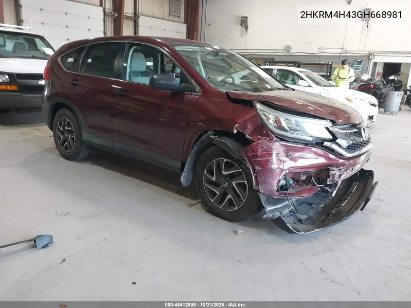 HONDA CR-V 2016, VIN 2HKRM4H43GH668981