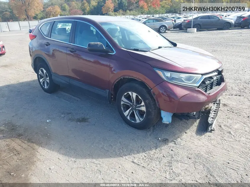 HONDA CR-V 2019, VIN 2HKRW6H30KH200759