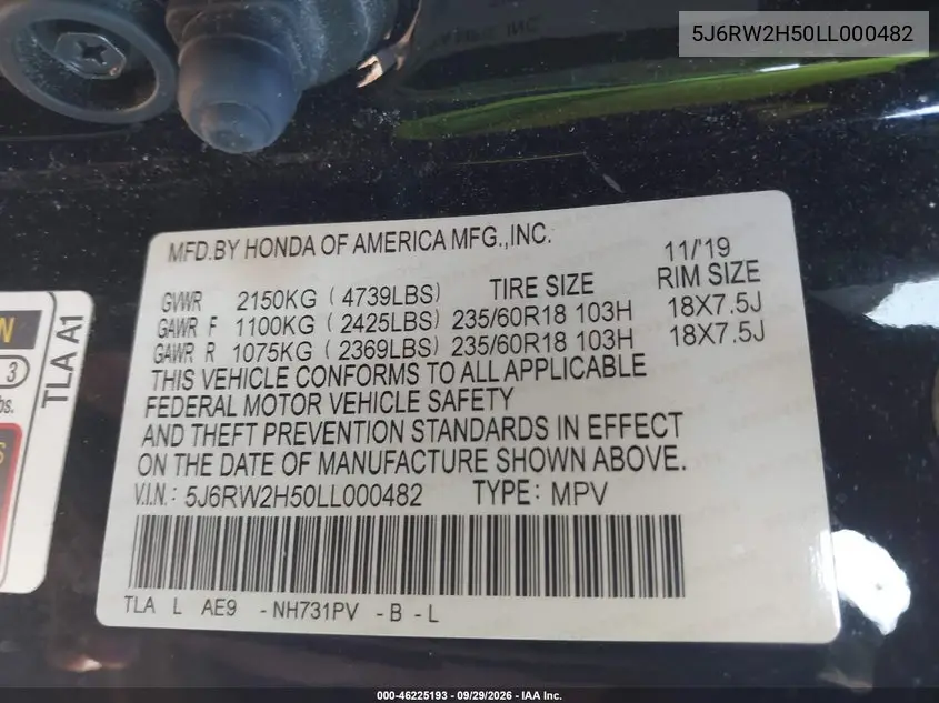 2020 HONDA CR-V VIN 5J6RW2H50LL000482 — фото 9