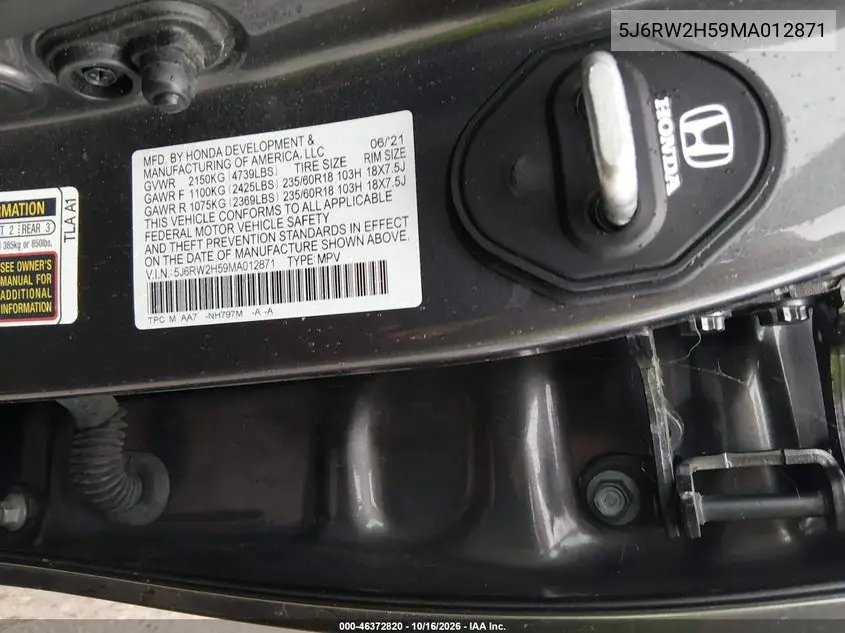2021 HONDA CR-V VIN 5J6RW2H59MA012871 — фото 9
